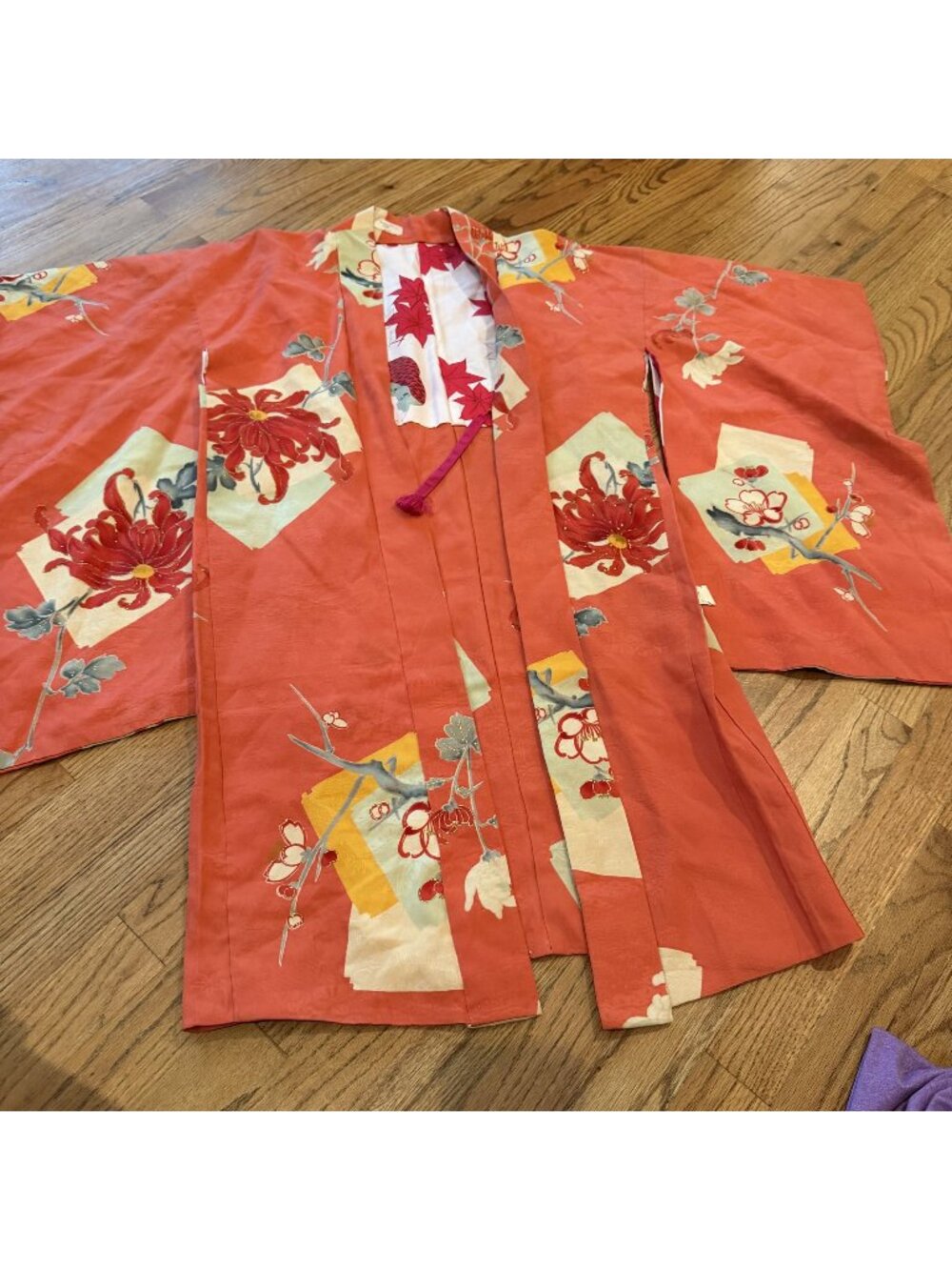 Vintage Japanese Silk Haori Kimono Jacket Coral Floral Chrysanthemum Japan